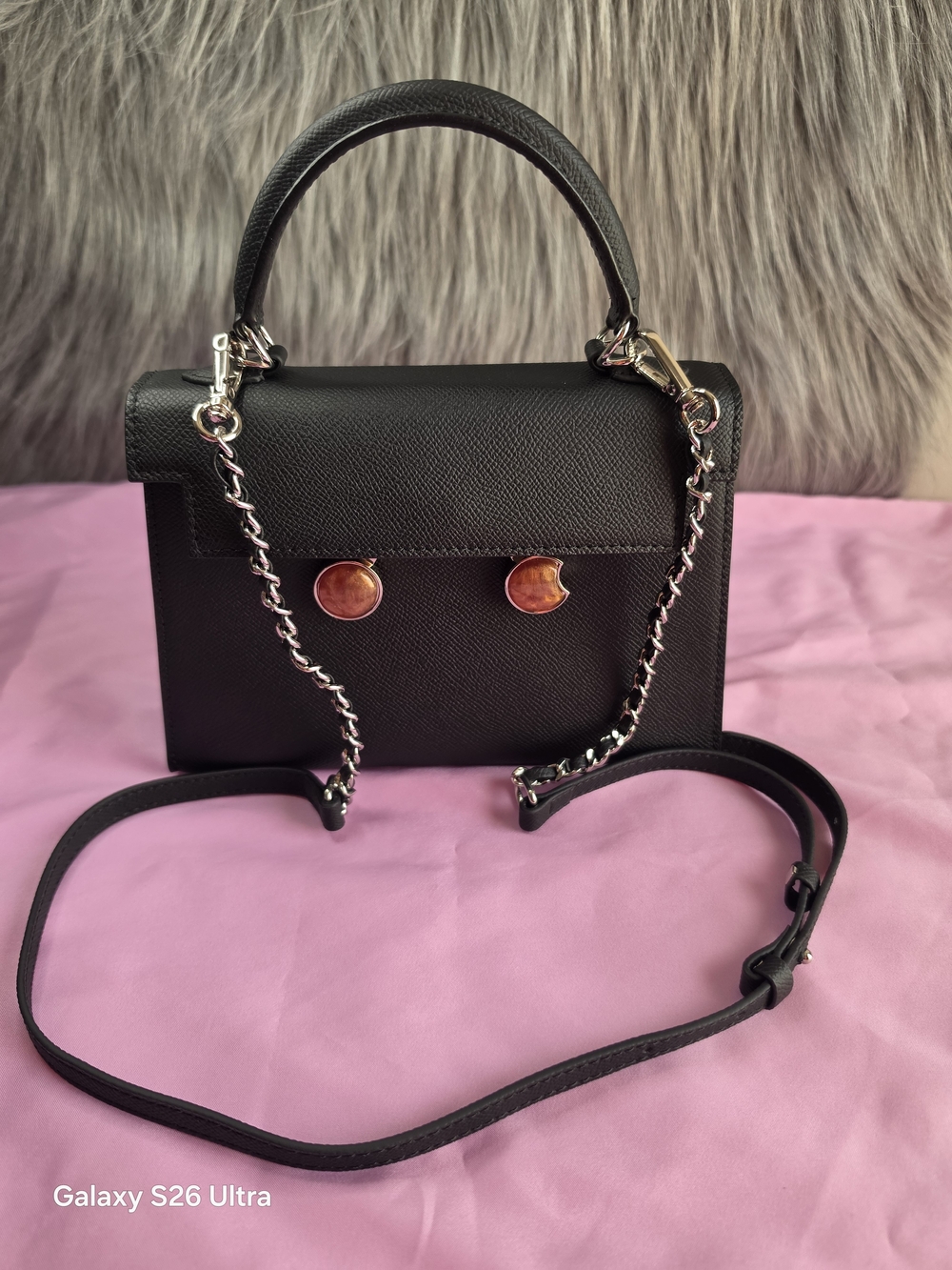 New Premium Saffiano Leather Top-Handle Handbag - Black Crossbody Bag with Chain